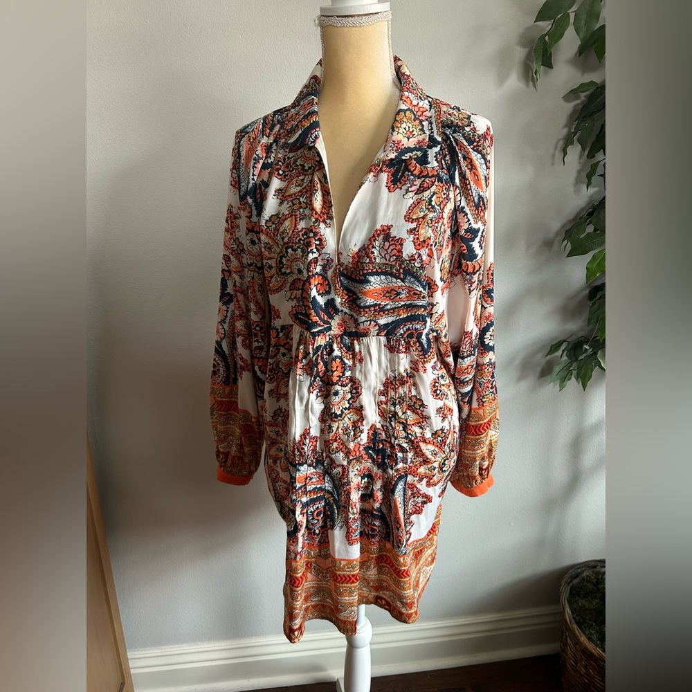NEW Free People Women’s White Paisley Long Sleeve Tunic Dress Sz M